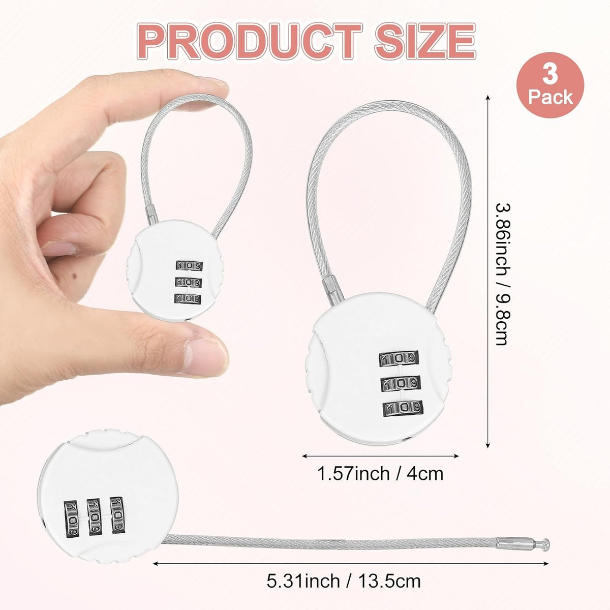 M METERXITY 3-Pack Combination Locker Lock, 3 Digit Round Shaped Padlock Gym Locks with Cable for Luggage/Suitcase/Backpack Zipper/Outdoor, Small Combo Lock [White]