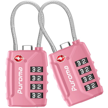 Puroma 2 Pack TSA Approved Luggage Locks 4 Digit Code Cable Lock Basic Pink