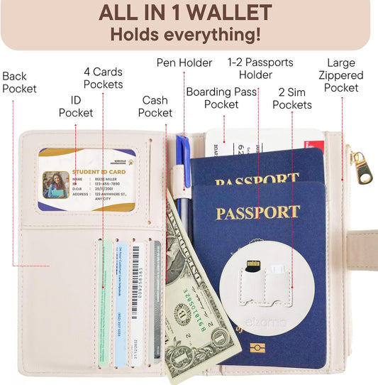 elzama Passport Holder with Airtag Slot for Travel Women, RFID Passport Wallet with Airtag Holder, Zipper Pocket Card Slots Pen Holder & Airtags Keychain (Air tag Not Included) Ivory
