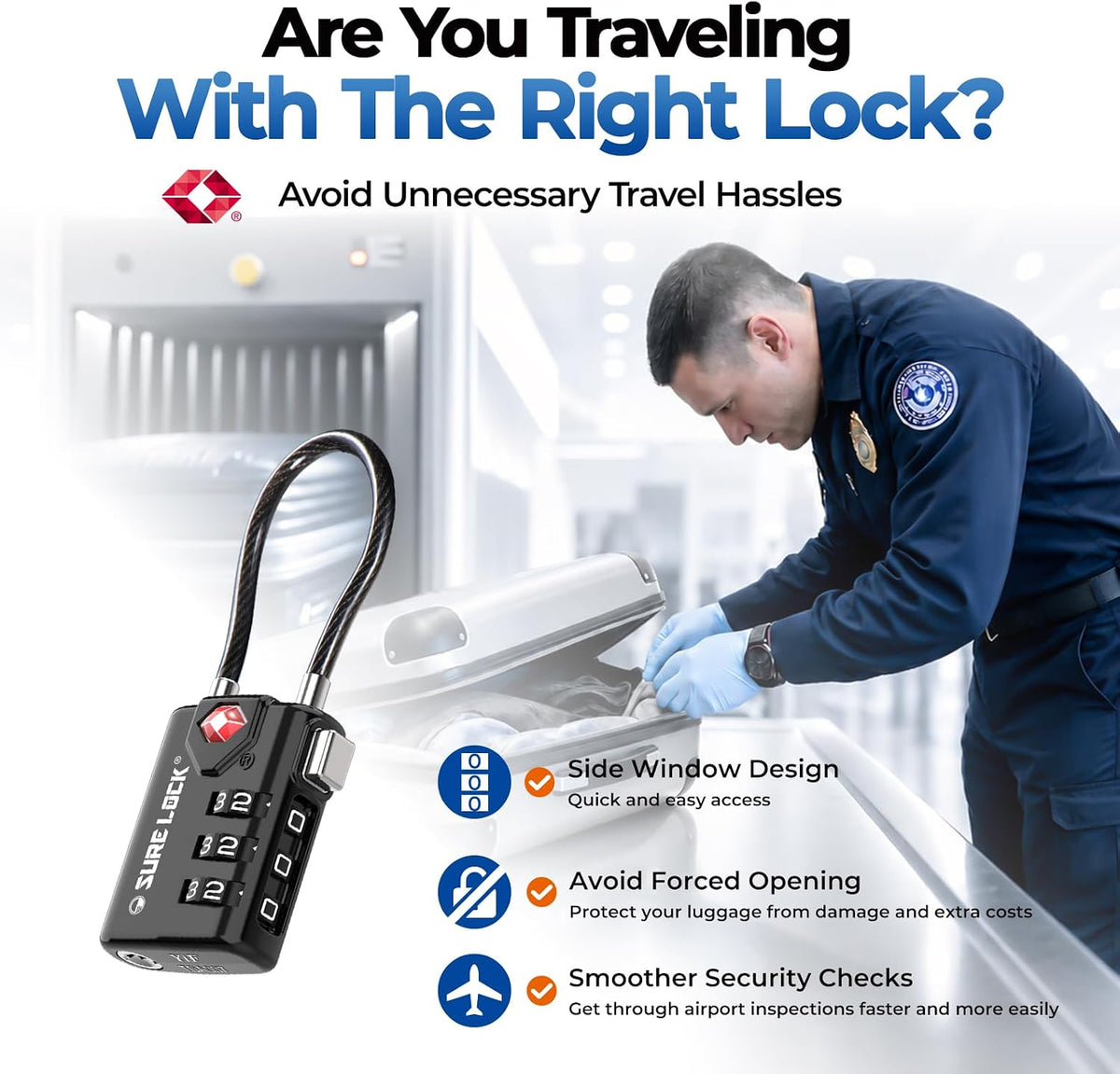 SURE LOCK TSA Approved Luggage Locks with Open Alert Indicator, 3 Digit Combination Cable Travel Lock for Suitcase, Backpack & Travel Bag, 2 Pack Black