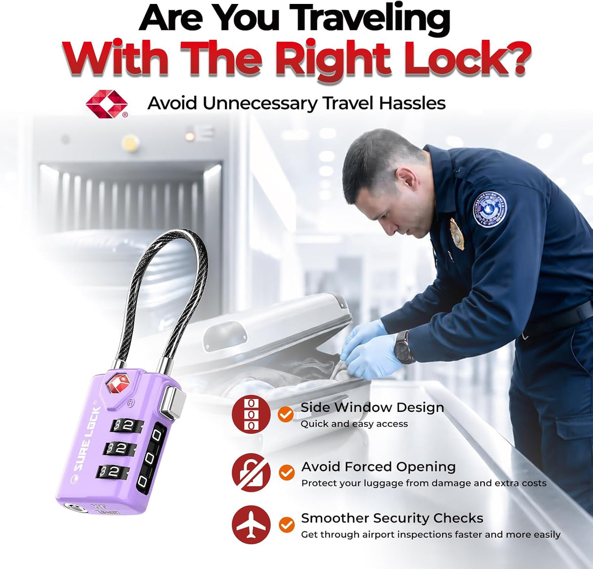 SURE LOCK TSA Approved Luggage Locks with Open Alert Indicator, 3 Digit Combination Cable Travel Lock for Suitcase, Backpack, Gym Locker, Toolbox & Travel Bag(2, Purple 2 Pack)
