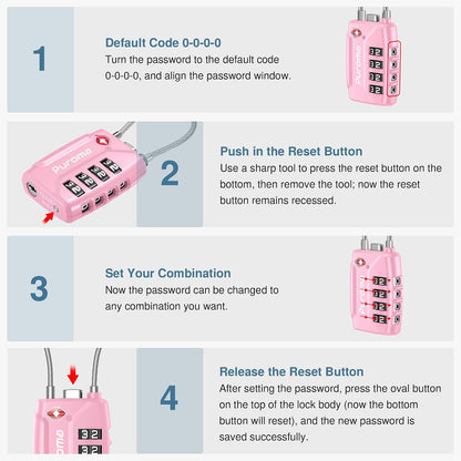 Puroma 2 Pack TSA Approved Luggage Locks 4 Digit Code Cable Lock Basic Pink