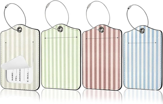 YIXIN 4 Pack Luggage Travel Tags Cute Stripes PU Leather with Privacy Name Address Labels & Durable Steel Loop for Men Women Long Flight Must Haves Travels Gift Airport Essentials