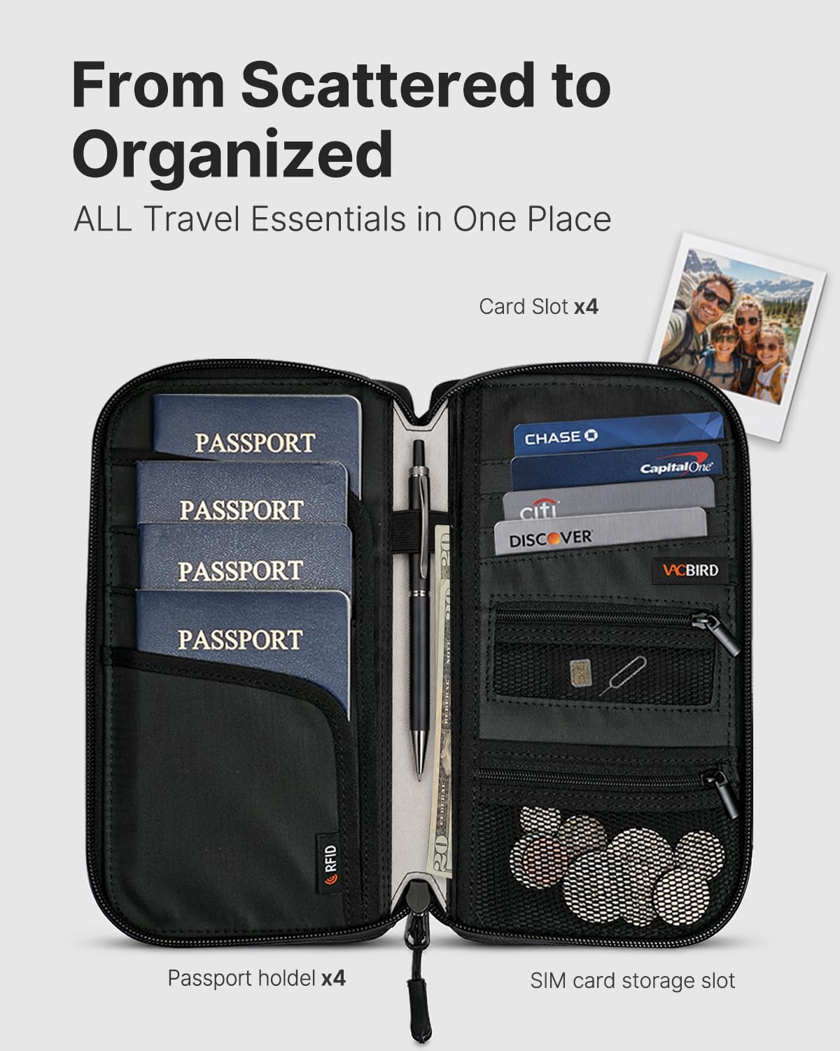 Vacbird Family Passport Holder, RFID Travel Wallet with Magnetic Pocket