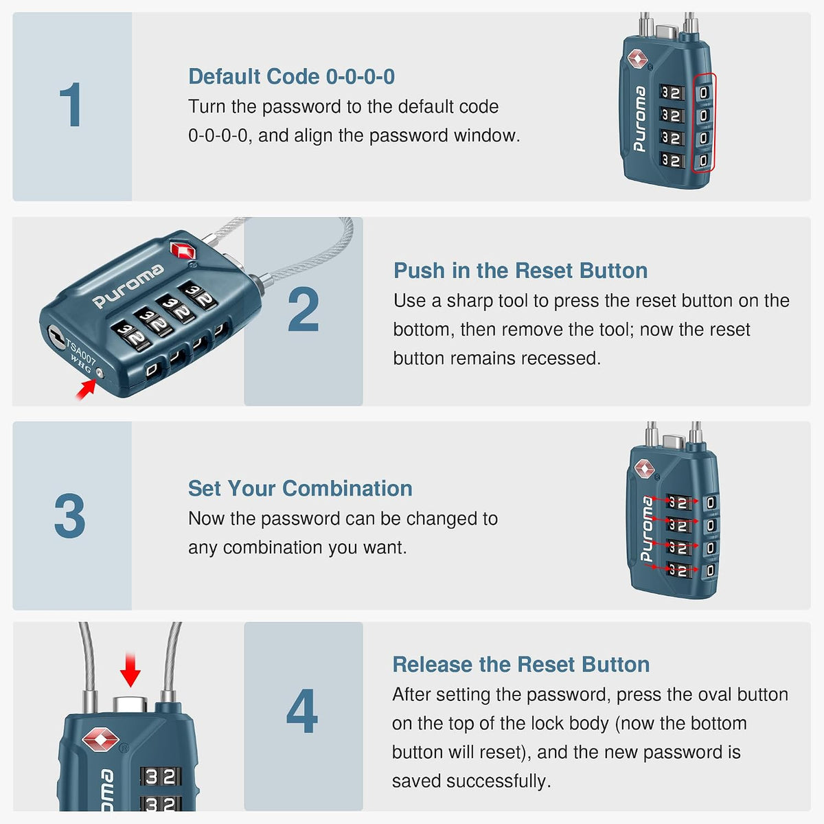 Puroma 2 TSA Approved Luggage Locks 4 Digit Code Cable Lock Blue Peacock