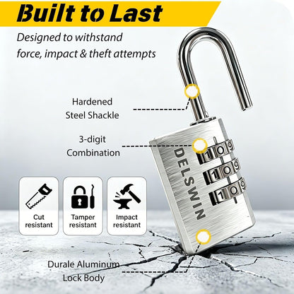 DELSWIN 3-Digit Aluminum Combination Padlock, Small Resettable Lock