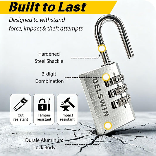 DELSWIN 3-Digit Aluminum Combination Padlock, Small Resettable Lock