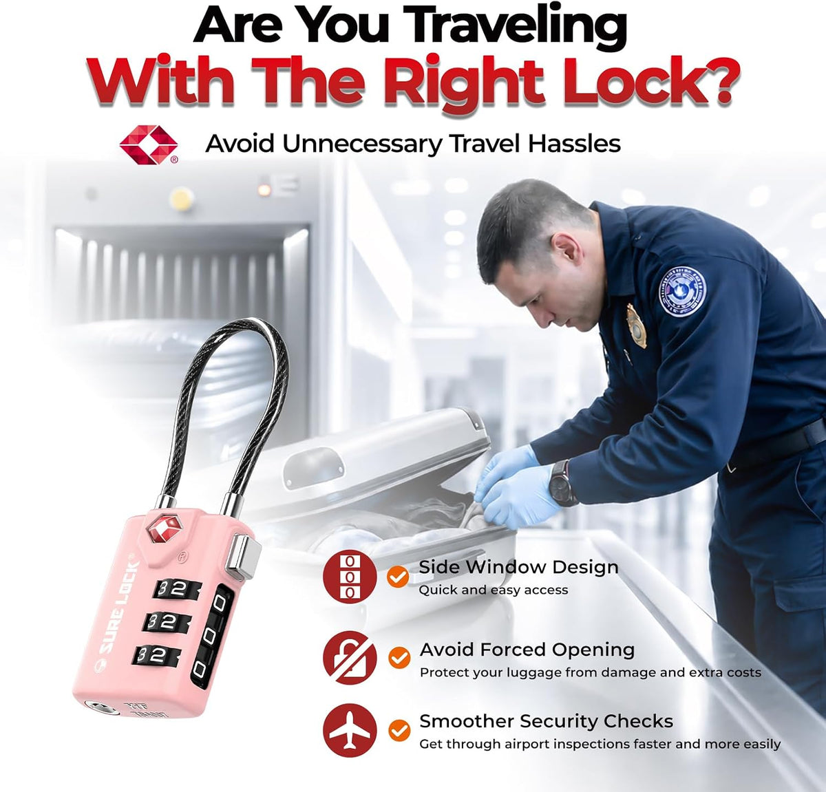 SURE LOCK TSA Approved Luggage Locks with Open Alert Indicator, 3 Digit Combination Cable Travel Lock for Suitcase, Backpack, Gym Locker, Toolbox & Travel Bag(2, Pink 2 Pack)
