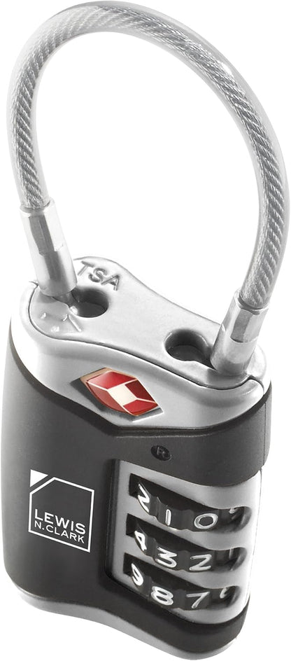 Lewis N. Clark TSA Approved Luggage Lock + Steel Cable for Suitcase, Carry On, BackPack, Laptop Bag + Purse, Perfect For Airport, Hotel or Gym - Set + Reset Your Own Combo, Black