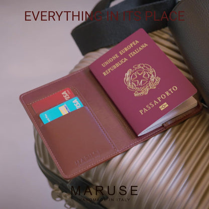 Maruse Leather Passport Holder, Handmade in Italy, Top-Grain Leather Passport Cover with Card Slots