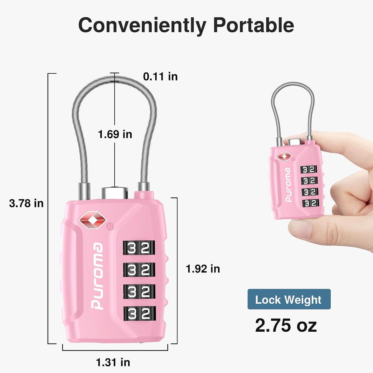 Puroma 2 Pack TSA Approved Luggage Locks 4 Digit Code Cable Lock Basic Pink