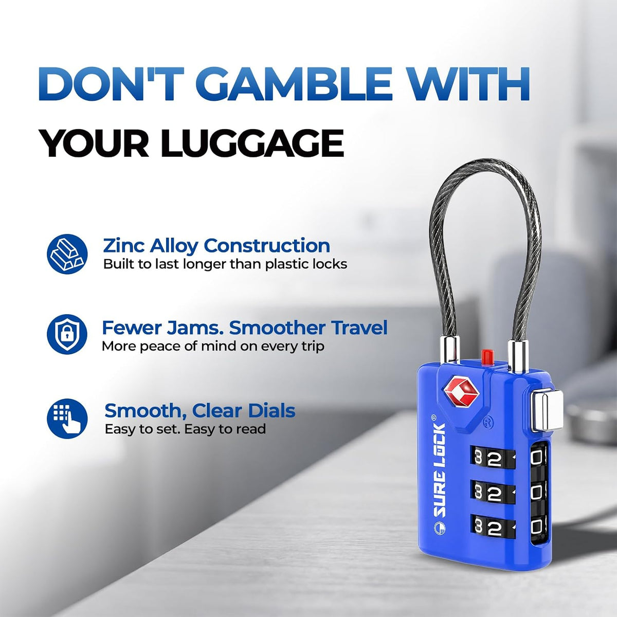 SURE LOCK Open Alert TSA Approved Luggage Locks, 3 Digit Combination Locks for Luggage, Suitcase, Backpack, and More.
