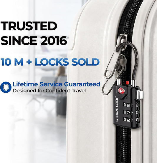 SURE LOCK TSA Approved Luggage Locks with Open Alert Indicator, 3 Digit Combination Cable Travel Lock for Suitcase, Backpack & Travel Bag, 2 Pack Black