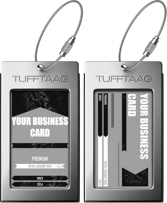 Luggage Tags Business Card Holder by TUFFTAAG - Durable Travel ID Bag Tag, Gunmetal, 2 Tags