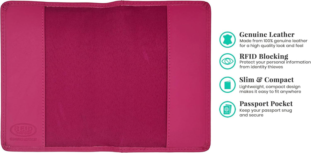 Personalized Monogrammed Bright Pink Leather RFID Passport Cover Holder and Luggage Tag