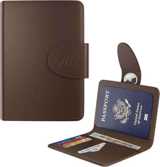 Passport Holder for Travel, Genuine Leather Passport Holder with AirTag SLot, Rfid Passport Cover Travel Wallet for Airport Essentials, Travel Must Haves Gifts (Coffee Brown)