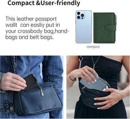 Passport wallet and Card Slot Combo RFID Blocking Leather Travel Passport Wallet for Men and Women with Zippered Coins Pocket Passport holder, Deep Green
