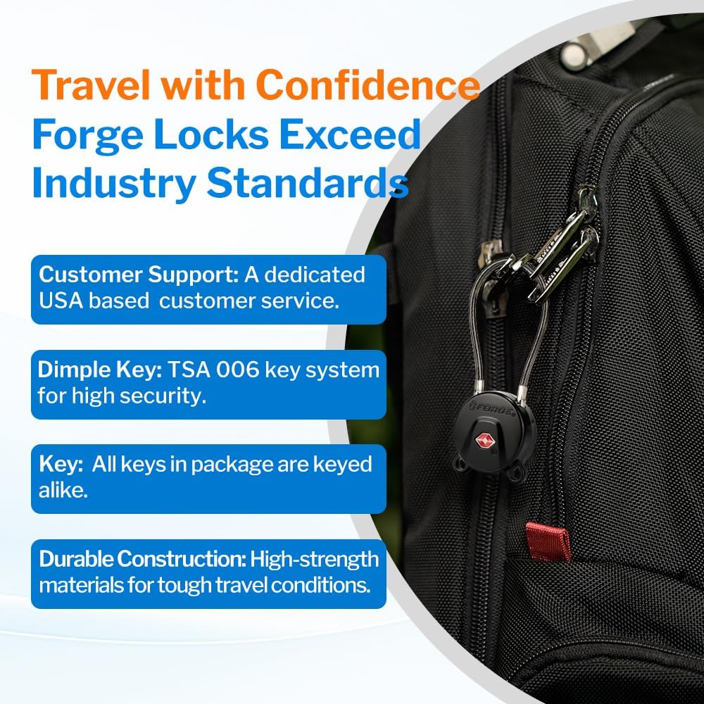FORGE TSA Approved Key Luggage Locks, Keyed Alike, TSA006 Dimple Key Cable Locks. Black 2 Pack.