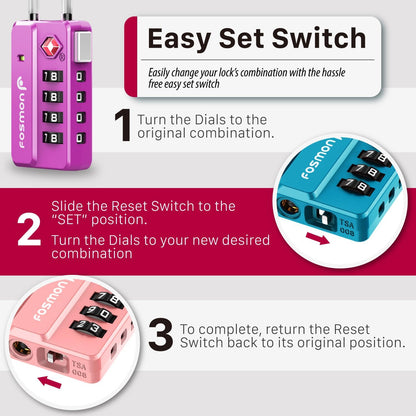 Fosmon TSA Approved Cable Luggage Locks, 4 Digit Combination, 4 Pack