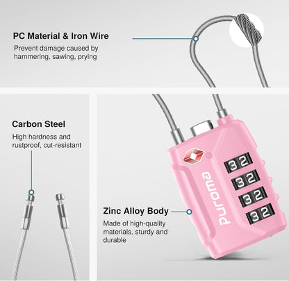 Puroma 2 Pack TSA Approved Luggage Locks 4 Digit Code Cable Lock Basic Pink