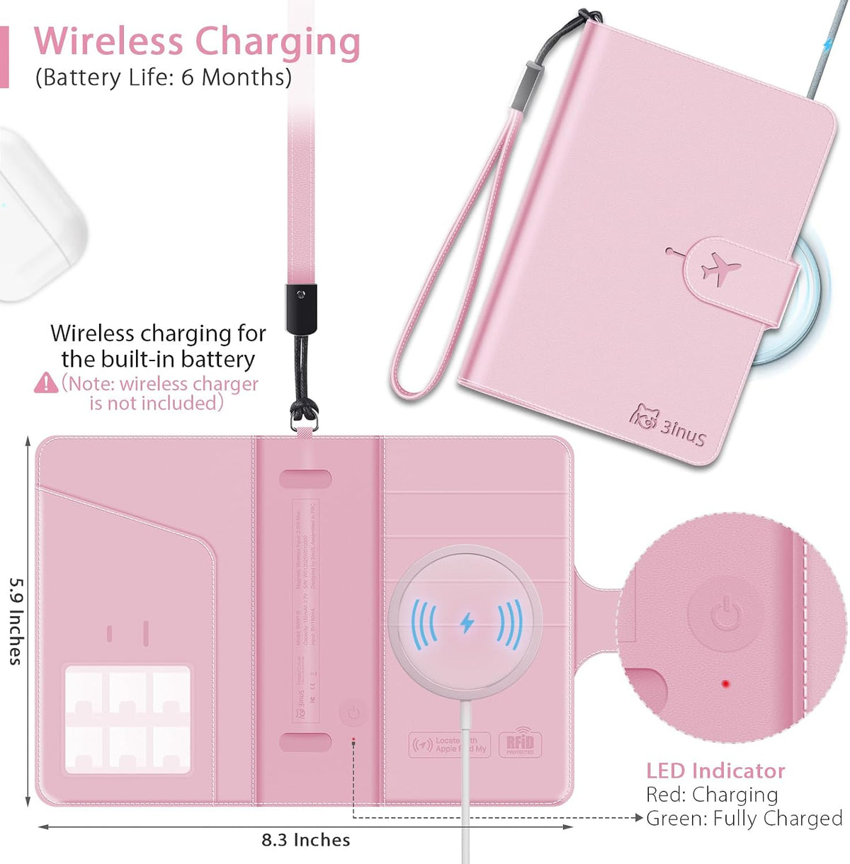 Passport Holder for Travel with Apple Find My,Waterproof RFID Blocking Passport Cover with 4 Card Slots, Wireless Charging, Magnetic Closure, Pink