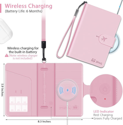 Passport Holder for Travel with Apple Find My,Waterproof RFID Blocking Passport Cover with 4 Card Slots, Wireless Charging, Magnetic Closure, Pink