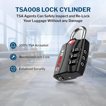Forge TSA Approved Luggage Locks, Open Alert TSA Locks, Black, 4 Pack