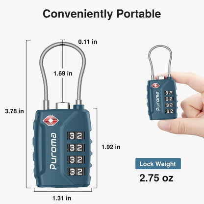Puroma 2 TSA Approved Luggage Locks 4 Digit Code Cable Lock Blue Peacock