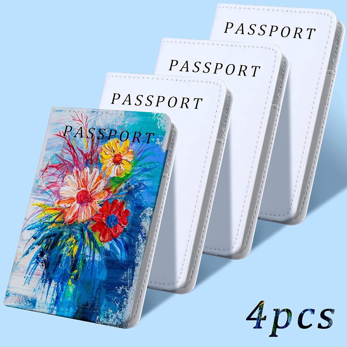 4 Pack Blank Sublimation Passport Holders PU Leather RFID Blocking Passport Covers with 3 Card Slots Boarding Pass Pocket Secure Snap Closure Unisex Travel Wallet for Men Women DIY Custom Gift
