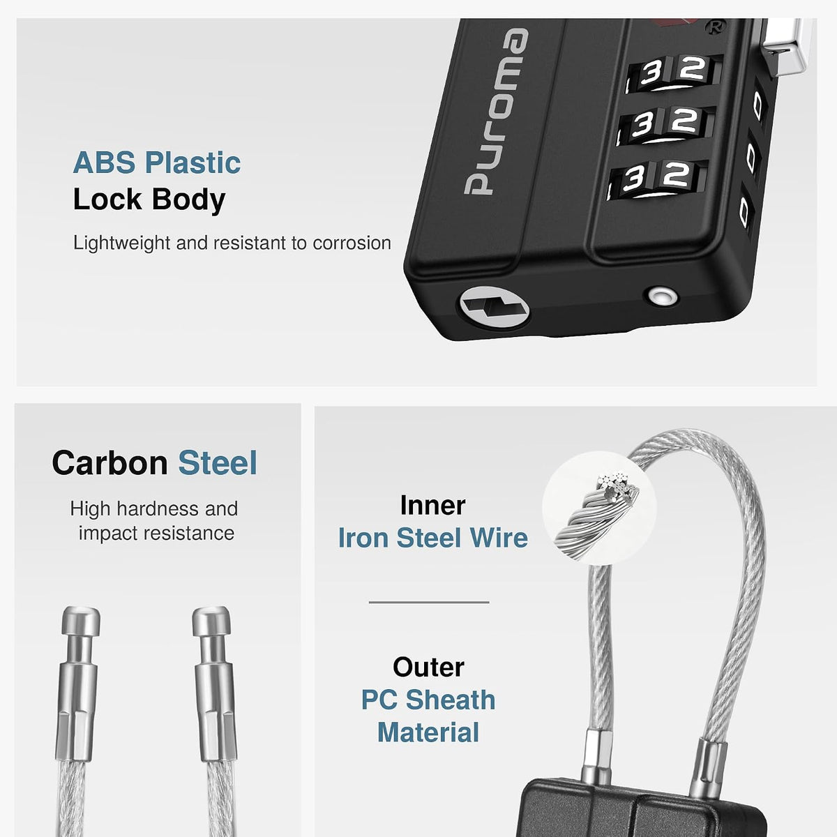 Puroma 4 Pack TSA Locks for Luggage Lightweight 4-Digit Code Padlock Black