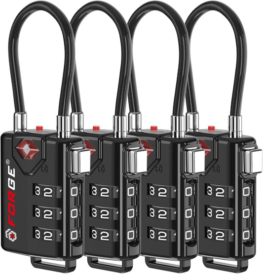Forge TSA Approved Luggage Locks, Open Alert Cable Lock, Black, 4 Pack