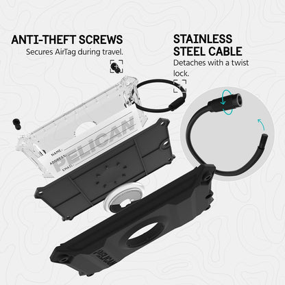 Pelican Luggage Tag with AirTag Holder with Stainless Steel Loop - Black