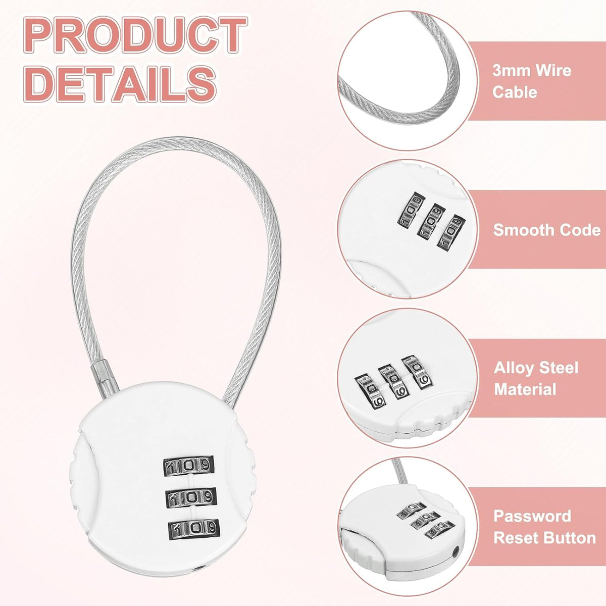 M METERXITY 3-Pack Combination Locker Lock, 3 Digit Round Shaped Padlock Gym Locks with Cable for Luggage/Suitcase/Backpack Zipper/Outdoor, Small Combo Lock [White]