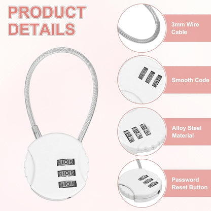 M METERXITY 3-Pack Combination Locker Lock, 3 Digit Round Shaped Padlock Gym Locks with Cable for Luggage/Suitcase/Backpack Zipper/Outdoor, Small Combo Lock [White]