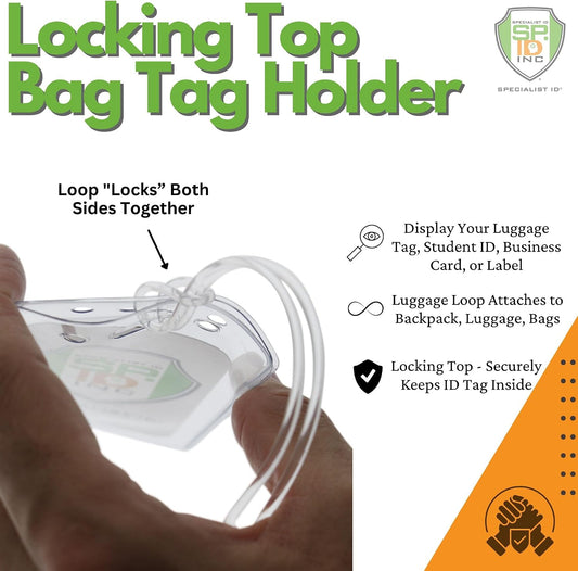 Bulk 25 Pack - Locking TOP Clear Plastic Luggage Identification Tags with Loops Included - Business Card or Photo Insert Bag Tags - Great for Travel and Student ID’s by Specialist ID
