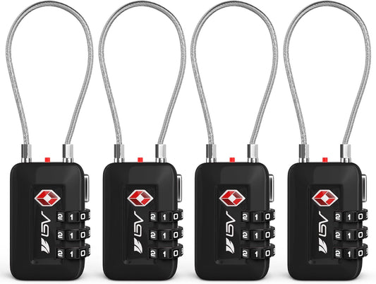 BV Luggage Locks TSA Accepted, Travel Sentry Approved 3-Digit Combination Suitcase Locks with Open Alert & Flexible Cable for Travel, Backpacks, Lockers, Cases, Black, 4 Pack