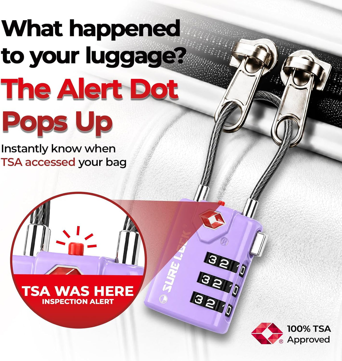 SURE LOCK TSA Approved Luggage Locks with Open Alert Indicator, 3 Digit Combination Cable Travel Lock for Suitcase, Backpack, Gym Locker, Toolbox & Travel Bag(2, Purple 2 Pack)