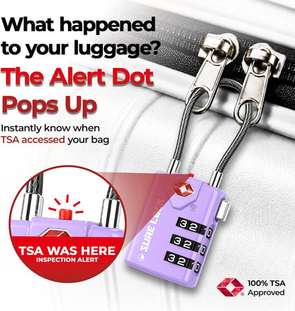 SURE LOCK TSA Approved Luggage Locks with Open Alert Indicator, 3 Digit Combination Cable Travel Lock for Suitcase, Backpack, Gym Locker, Toolbox & Travel Bag(2, Purple 2 Pack)