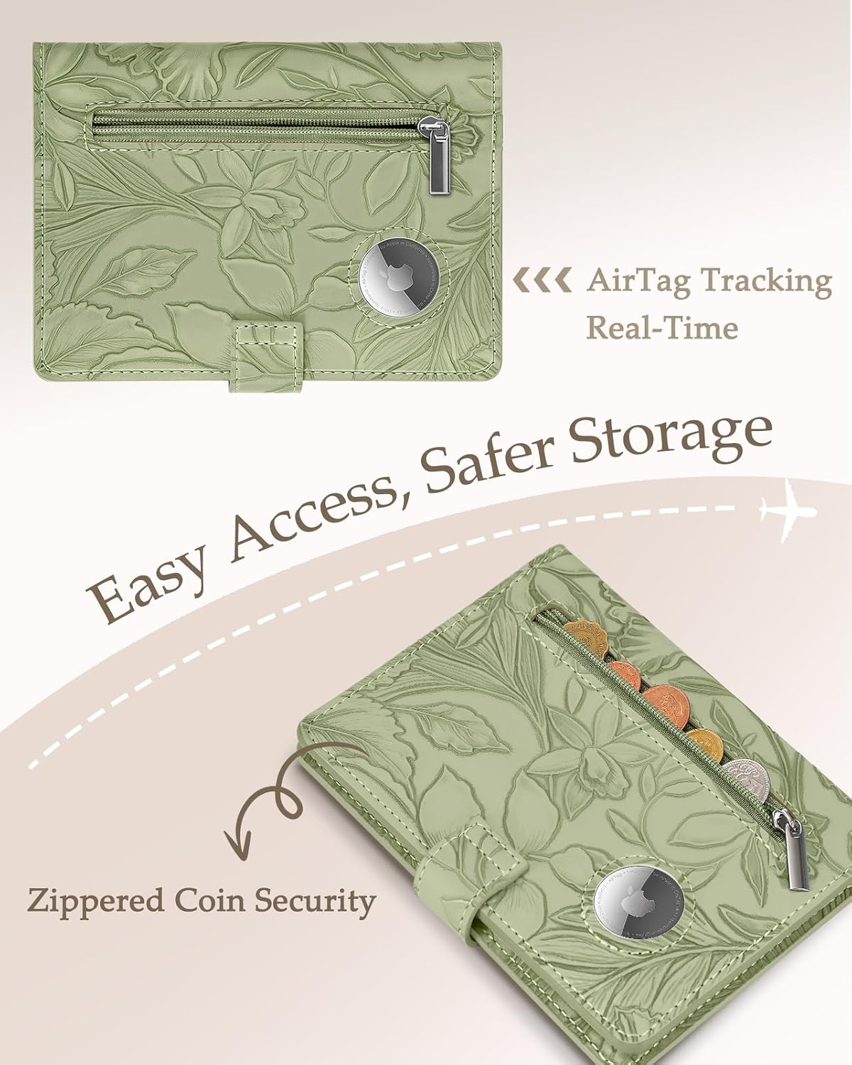 Slohif Elegant RFID Passport Holder for Travel with AirTag Sage Green