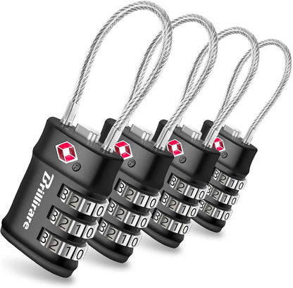 4 Pack TSA Approved Luggage Locks, Combination Travel Cable Lock, 3-Digit Waterproof Padlock, Zinc Alloy Outdoor Keyless Resettable Lock for Travel, Lockers, Bags, Backpack, Gym, Gate-by BRILLIRARE