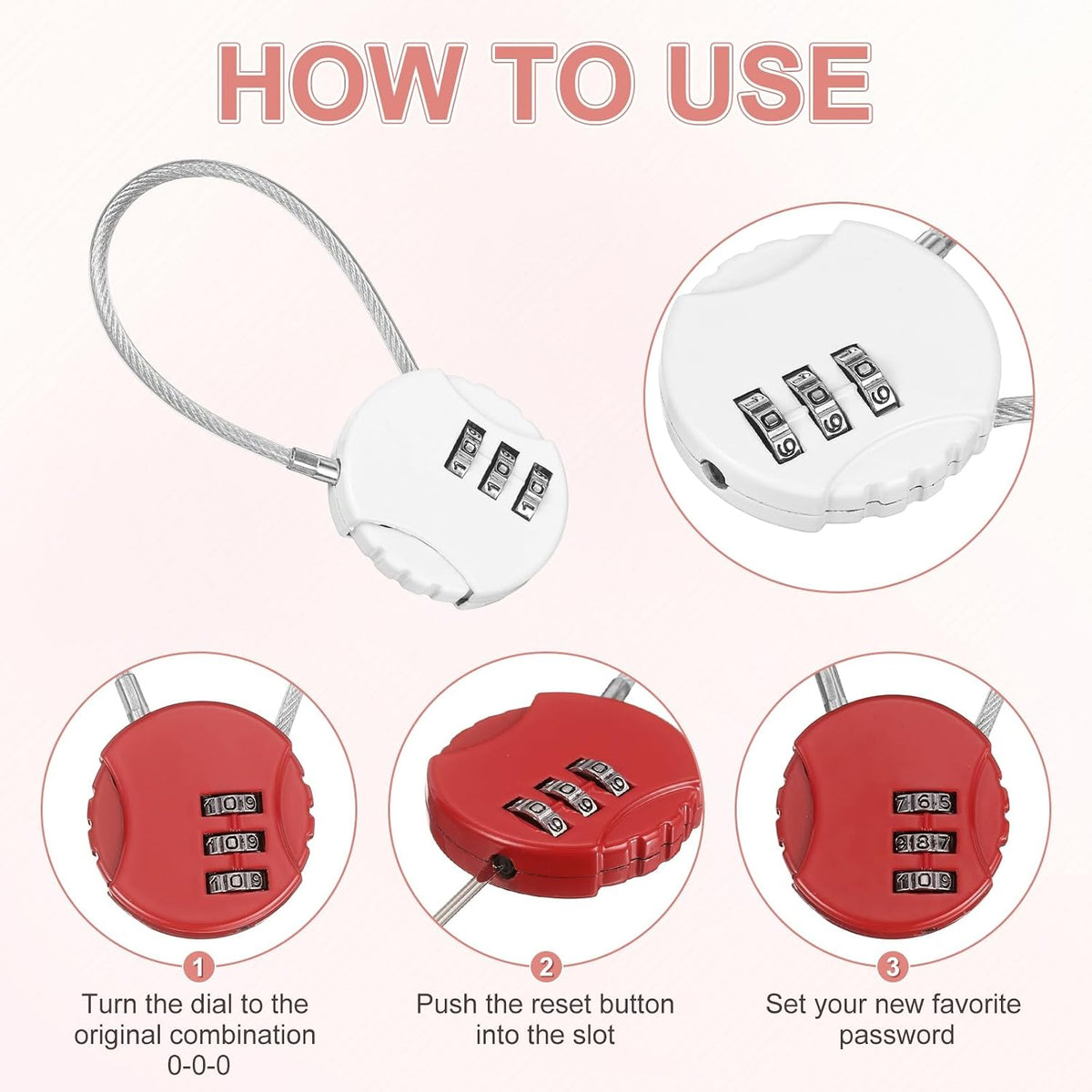 M METERXITY 3-Pack Combination Locker Lock, 3 Digit Round Shaped Padlock Gym Locks with Cable for Luggage/Suitcase/Backpack Zipper/Outdoor, Small Combo Lock [White]