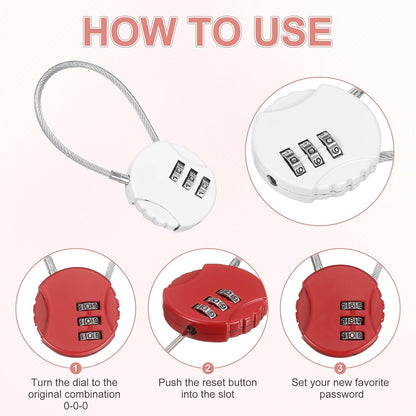 M METERXITY 3-Pack Combination Locker Lock, 3 Digit Round Shaped Padlock Gym Locks with Cable for Luggage/Suitcase/Backpack Zipper/Outdoor, Small Combo Lock [White]