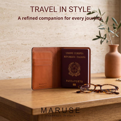 Maruse Leather Passport Holder, Handmade in Italy, Top-Grain Leather Passport Cover with Card Slots