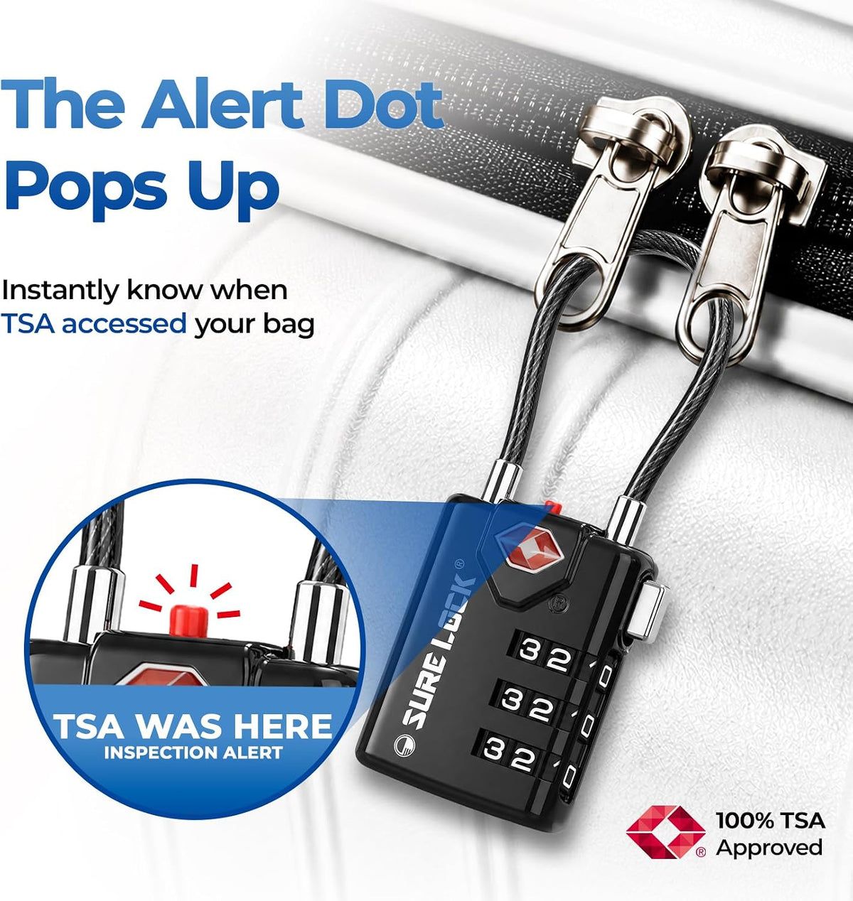 SURE LOCK Open Alert TSA Approved Luggage Locks, 3 Digit Combination Locks for Luggage, Suitcase, Backpack, and More.