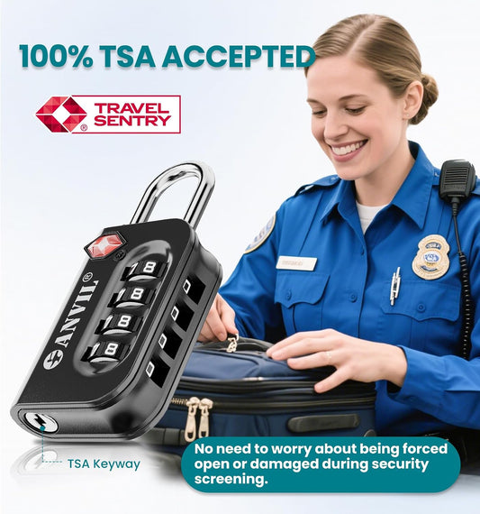 ANVIL TSA Approved Luggage Lock - 4 Digit Combination, 10,000 Combinations, Easy-Read Password Window, Travel Lock for Suitcases, Backpacks, Gym & Student Lockers, Baggage