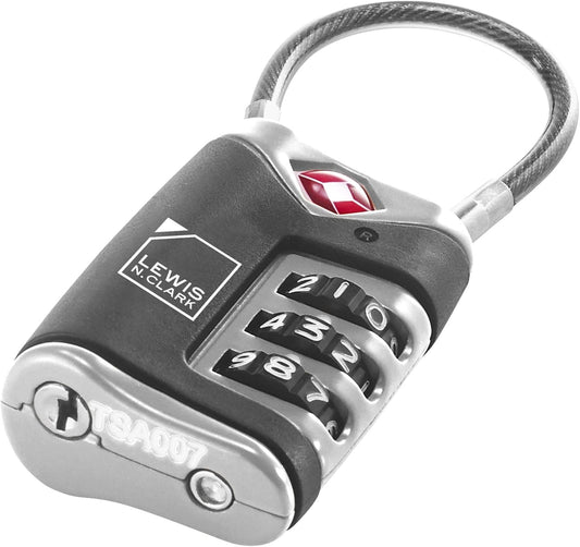 Lewis N. Clark TSA Approved Luggage Lock + Steel Cable for Suitcase, Carry On, BackPack, Laptop Bag + Purse, Perfect For Airport, Hotel or Gym - Set + Reset Your Own Combo, Black