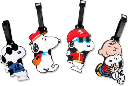 4 Pcs Set White Dog Charlie Brown Silicone Travel Luggage Baggage Identification Labels ID Tag for Bag Suitcase Plane Cruise Ships with Belt Strap