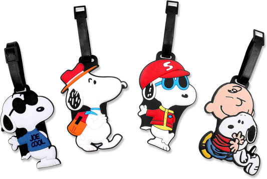 4 Pcs Set White Dog Charlie Brown Silicone Travel Luggage Baggage Identification Labels ID Tag for Bag Suitcase Plane Cruise Ships with Belt Strap