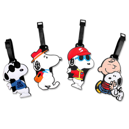 4 Pcs Set White Dog Charlie Brown Silicone Travel Luggage Baggage Identification Labels ID Tag for Bag Suitcase Plane Cruise Ships with Belt Strap