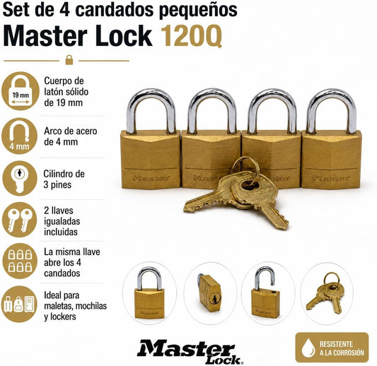 Master Lock Padlock, Solid Brass Lock, 3/4 in. Wide, 120Q (Pack of 4-Keyed Alike)